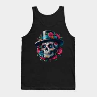 Sugar Skull Art - Top Hat and Pink Roses Tank Top